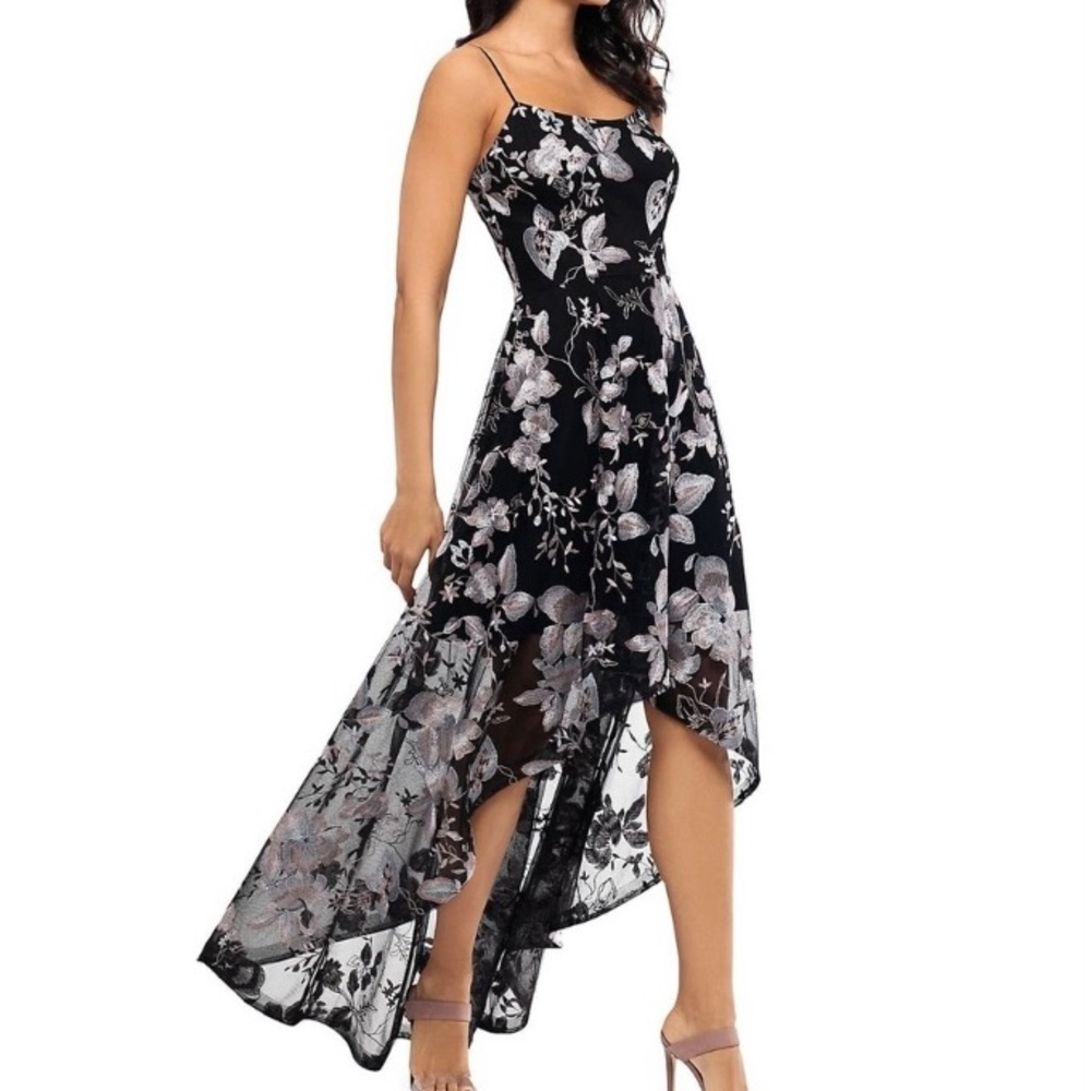 Black dress, shimmery light pink and white embroidery - high-low skirt - Size 6